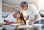 Family, learning and education with a girl and grandparents laughing while learning or doing homework at home. Children, study and school with a female kid, senior man and woman writing or drawing