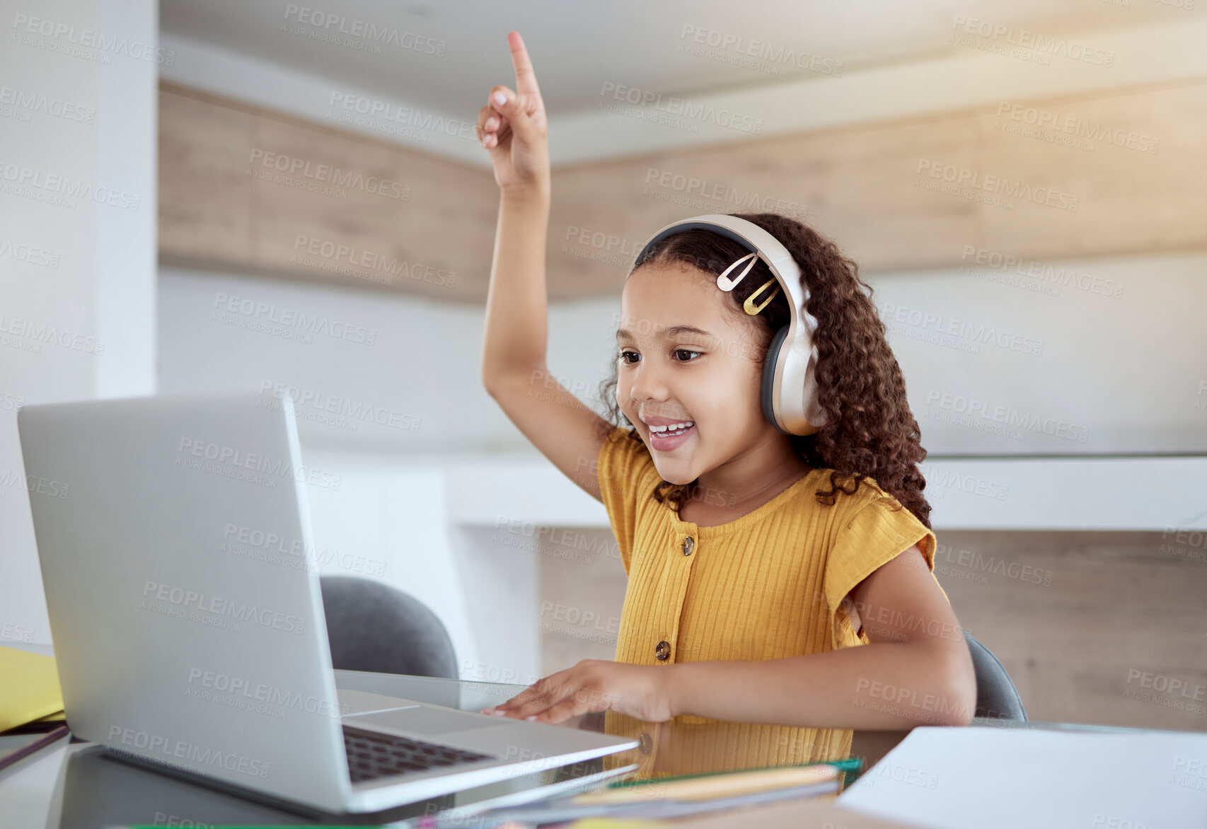 Buy stock photo Child, laptop and smile with hand to answer question in class, education or study in home. Girl, computer and desk on video conference happy for education, communication or school on the internet
