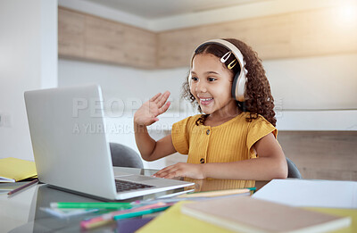 Buy stock photo Education, laptop and girl learning a virtual class from her kindergarten teacher via an educational online website. Video call, homeschooling and happy student in headphones waving at tutor teaching