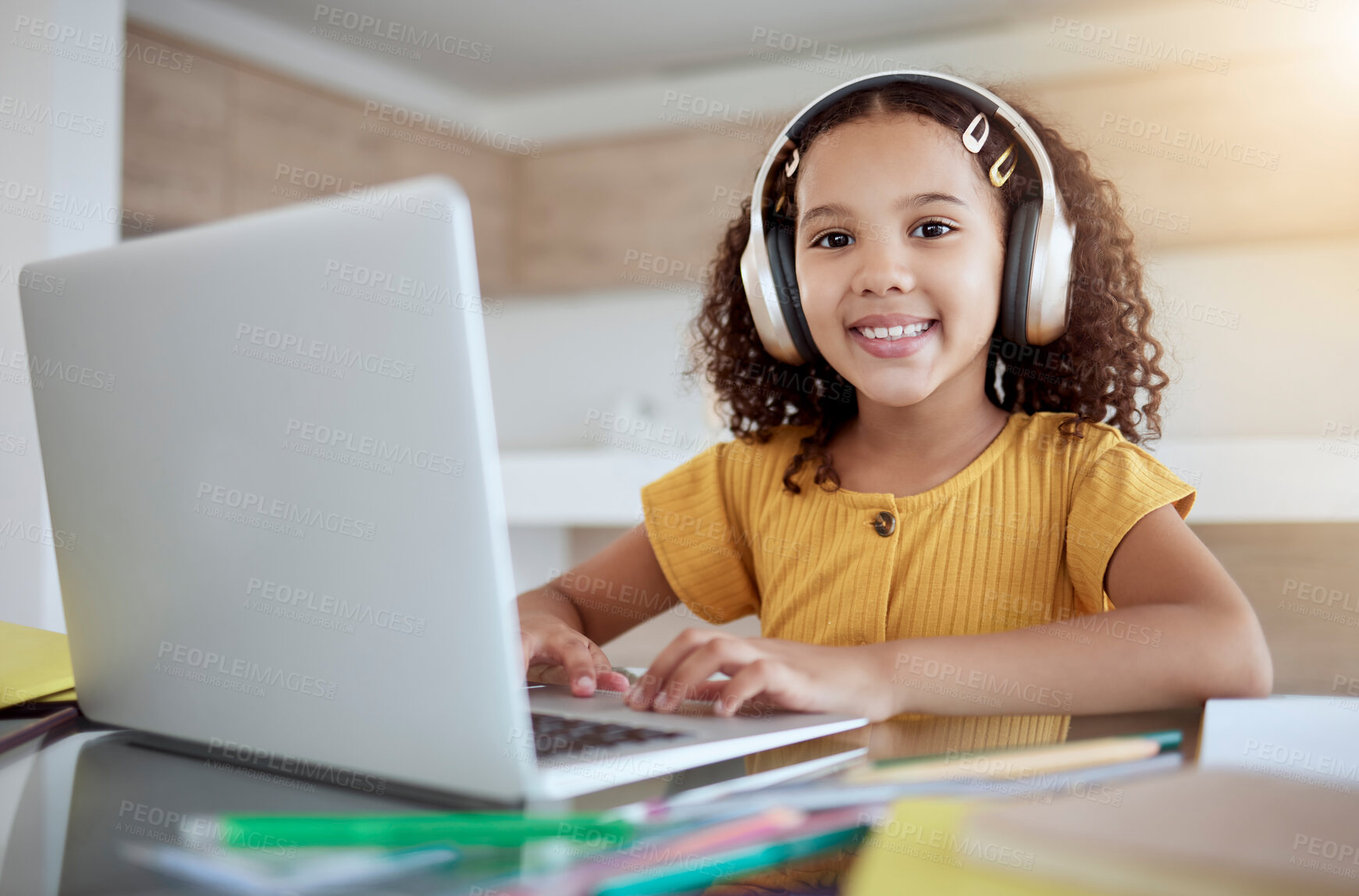 Buy stock photo Learning, typing and girl on laptop with headphones on internet class, online studying or web elearning. Homeschooling, education and happy kid or child smile busy working on webinar course homework.