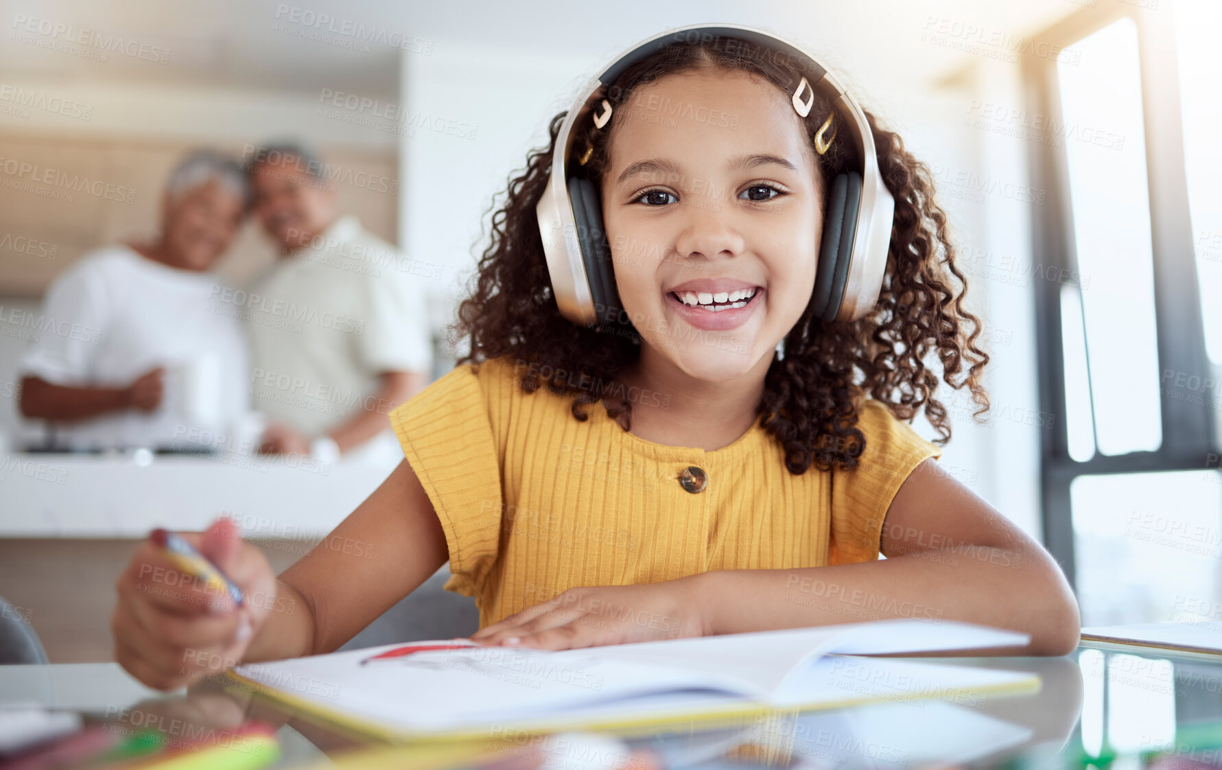 Buy stock photo Girl portrait, homework and music for drawing, art and homeschool creative notebook, fun and education in family home. Happy child, studying and learning with headphones for audio listening at table