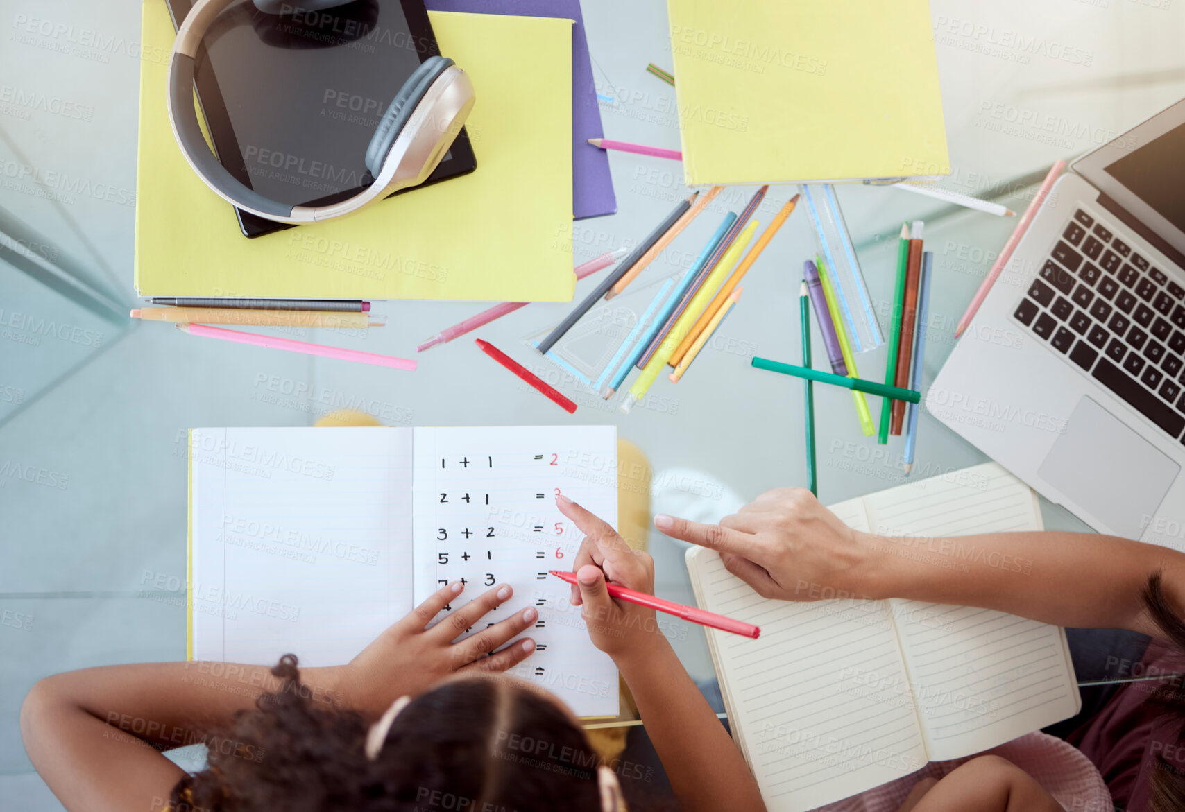 Buy stock photo Home school, kid and mother writing math homework of numbers, education and studying for growth, development and knowledge. Above mom help girl child student with teaching, learning and tutor books