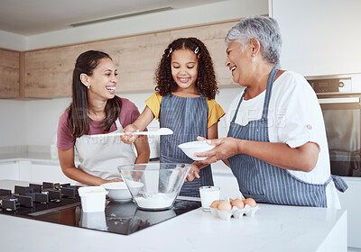 Buy stock photo Happy family, cooking and baking in kitchen child development, learning and skills activity. Brazilian grandmother, mother and girl bonding through teaching or support food process at house

