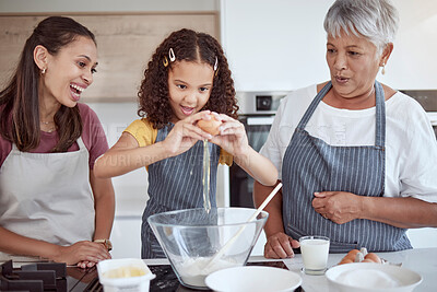Buy stock photo Happy family, child and grandmother cooking in kitchen with flour and egg food learning to make a cake or cookies with women support, love and care. Mexico kid in home baking together for mothers day
