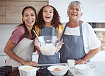Grandmother, mom and child baking as a happy family in the kitchen with young girl learning a cake and cookies recipe. Mama and old woman teaching kid to bake with eggs, butter and flour with milk