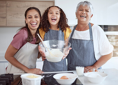 Buy stock photo Grandmother, mom and child baking as a happy family in the kitchen with young girl learning a cake and cookies recipe. Mama and old woman teaching kid to bake with eggs, butter and flour with milk