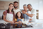 Cooking, family bond portrait or girl in kitchen for breakfast food or learning sweet dessert recipe with Brazilian mother, father or senior grandparents. Happy smile or baking child in house or home
