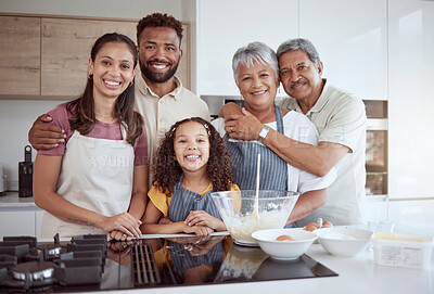 Buy stock photo Cooking, family bond portrait or girl in kitchen for breakfast food or learning sweet dessert recipe with Brazilian mother, father or senior grandparents. Happy smile or baking child in house or home