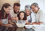 Baking, family and girl in kitchen for cake with flour, eggs and milk in bowl with grandparents and parents in their house. Mother, father and senior people with smile while cooking with girl kid