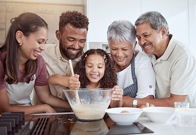 Buy stock photo Baking, family and girl in kitchen for cake with ingredients and food in a bowl with grandparents and parents in their house. Mother, father and senior people with smile learning cooking with kid