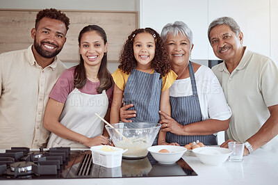 Buy stock photo Family portrait, cooking and girl bonding in kitchen for dessert, breakfast food or sweet recipe in house or home. Happy, smile or baking child learning with Brazilian mother, father and grandparents