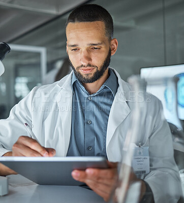 Buy stock photo Scientist, lab and man writing on tablet for medical dna research, data analysis or recording results for medicine innovation. Science, tech and biotechnology expert working on experiment information