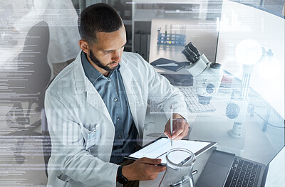 Buy stock photo Science research, digital tablet and scientist working on medical analysis report in laboratory. Professional man chemist doing medicine or pharmaceutical innovation for dna with biotechnology in lab
