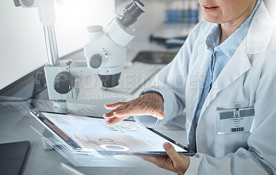 Buy stock photo Science, future and tablet, woman in laboratory doing research in hospital in Switzerland. Technology, medical innovation and a university lab worker or scientist looking at information online.