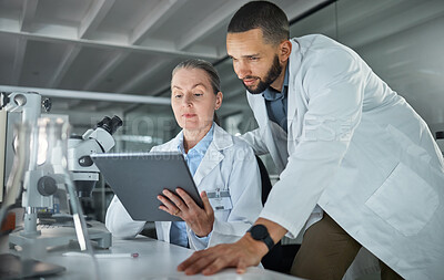 Buy stock photo Science teamwork, tablet and scientist in digital research analysis, investigation or check medical software analytics in laboratory. Healthcare innovation biotechnology expert people reading report