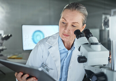Buy stock photo Thinking laboratory woman, microscope or tablet in science research, Canada healthcare innovation or future vaccine study. Mature scientist, dna worker or medical technology in medicine data analysis