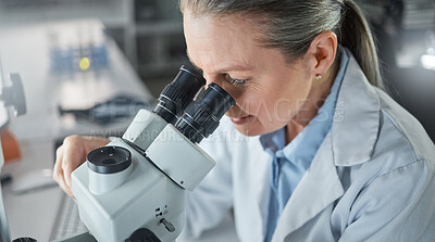 Buy stock photo Science, research and microscope with a woman engineer working in her laboratory on innovation and development. Analytics, future and sample with a scientist at work with DNA or RNA in her lab