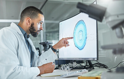Buy stock photo Brain development, lab research and scientist working on analysis of scan for healthcare science on a computer at work. Medical doctor doing innovation for future of medical neuroscience on pc