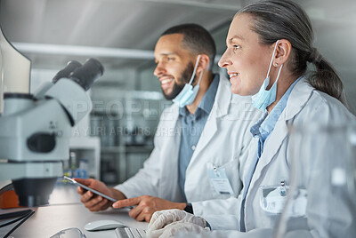 Buy stock photo Teamwork, science and scientist working on covid research, biotechnology and dna data analysis together in laboratory. Smile, collaboration and happy woman reading medical information with a partner