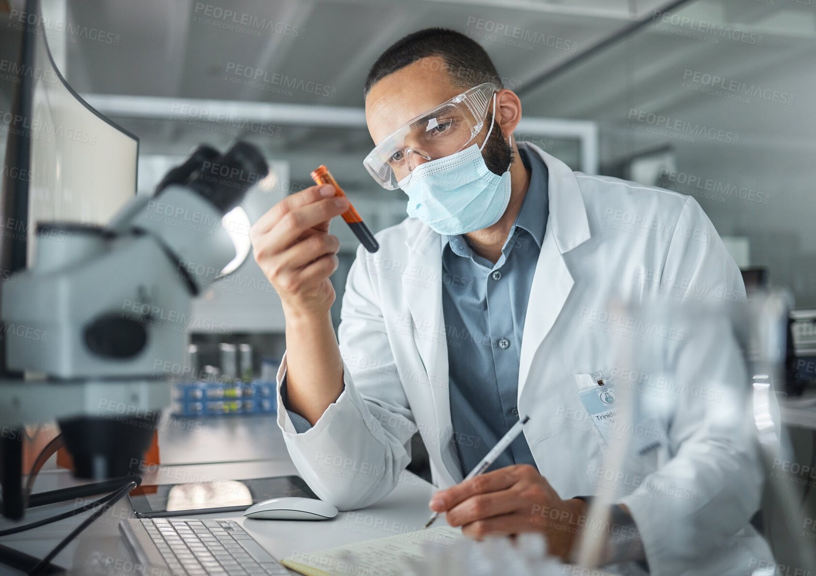 Buy stock photo Covid, science or blood research with man scientist working with test tube in lab on DNA for innovation, vaccine or cure. Innovation, healthcare and medicine with expert scientist in a laboratory