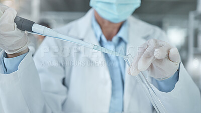 Buy stock photo Covid lab, science research and scientist working on a medical solution to a virus with a chemical at work. Pharmaceutical doctor doing chemistry analysis for development of medicine at a clinic