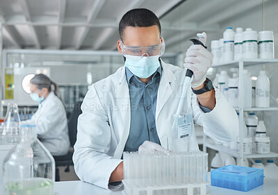 Buy stock photo Covid lab, medical science or man scientist working on futuristic medicine research for healthcare at a laboratory. Doctor, nurse or chemical test on liquid for innovation, vaccine or DNA in hospital