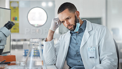 Buy stock photo Science, research and covid with a confused man engineer working on innovation in his laboratory. Thinking, analytics and development with a male scientist at work in his medical lab on breakthrough
