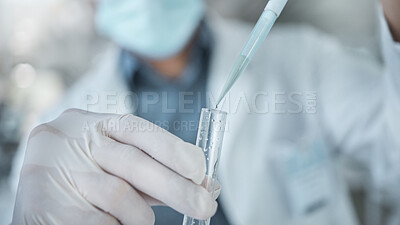 Buy stock photo Laboratory man, hands and test tube dropper in medical research, cancer study or healthcare medicine innovation in covid insurance. Zoom on scientist or vaccine worker with science pipette equipment