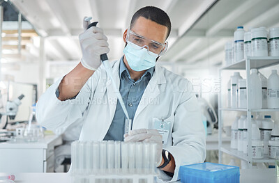 Buy stock photo Covid, science and research with man in laboratory with a face mask working on medical, pharmacy and vaccine investigation. Innovation, healthcare and medicine with expert scientist and chemistry 