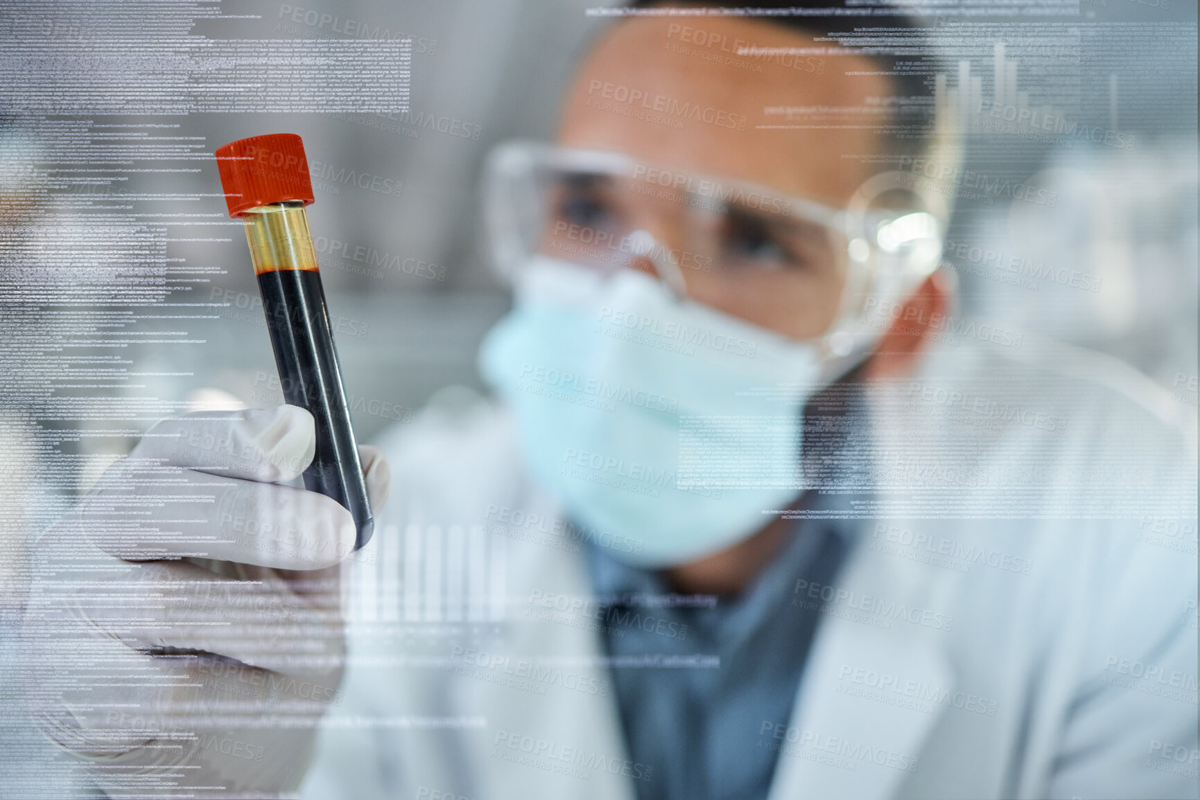 Buy stock photo Blood, science and covid with a man engineer in a laboratory working on DNA research and innovation in a lab. Analytics, medical and development with a scientist at work in a laboratory with overlay