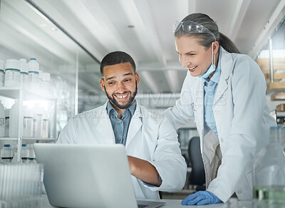 Buy stock photo Science, teamwork and doctor working with laptop, tech or computer for innovation, insurance or research in hospital lab. Medicine, internet and happy scientist search for future DNA data analysis