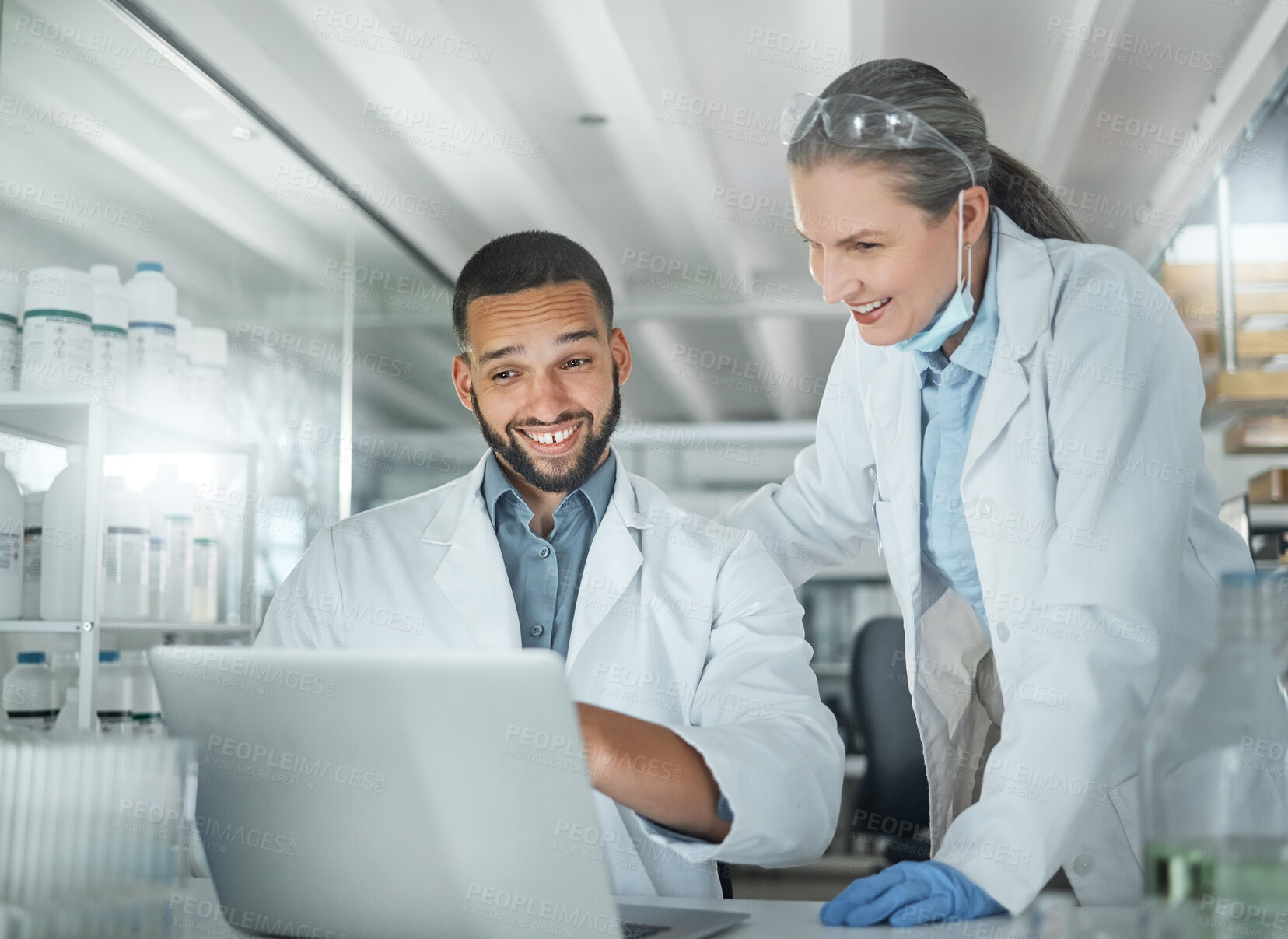 Buy stock photo Science, teamwork and doctor working with laptop, tech or computer for innovation, insurance or research in hospital lab. Medicine, internet and happy scientist search for future DNA data analysis