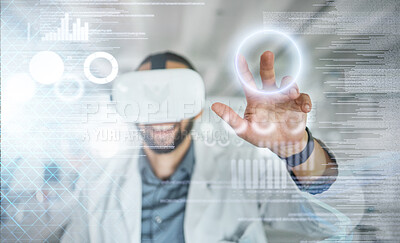 Buy stock photo Metaverse, overlay and science doctor in virtual reality headset for medical research and innovation on vr digital screen. Healthcare worker working on futuristic biology, dna and rna technology data
