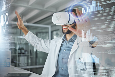 Buy stock photo Virtual reality, overlay and science doctor in metaverse researching and working on futuristic 3d digital screen. Future, innovation and researcher in vr headset busy in a laboratory with medical ai