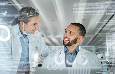 Buy stock photo Scientist team, medical science and ui research or information technology for medicine innovation and development in lab. Chemistry man and woman mentor happy during test and analysis collaboration