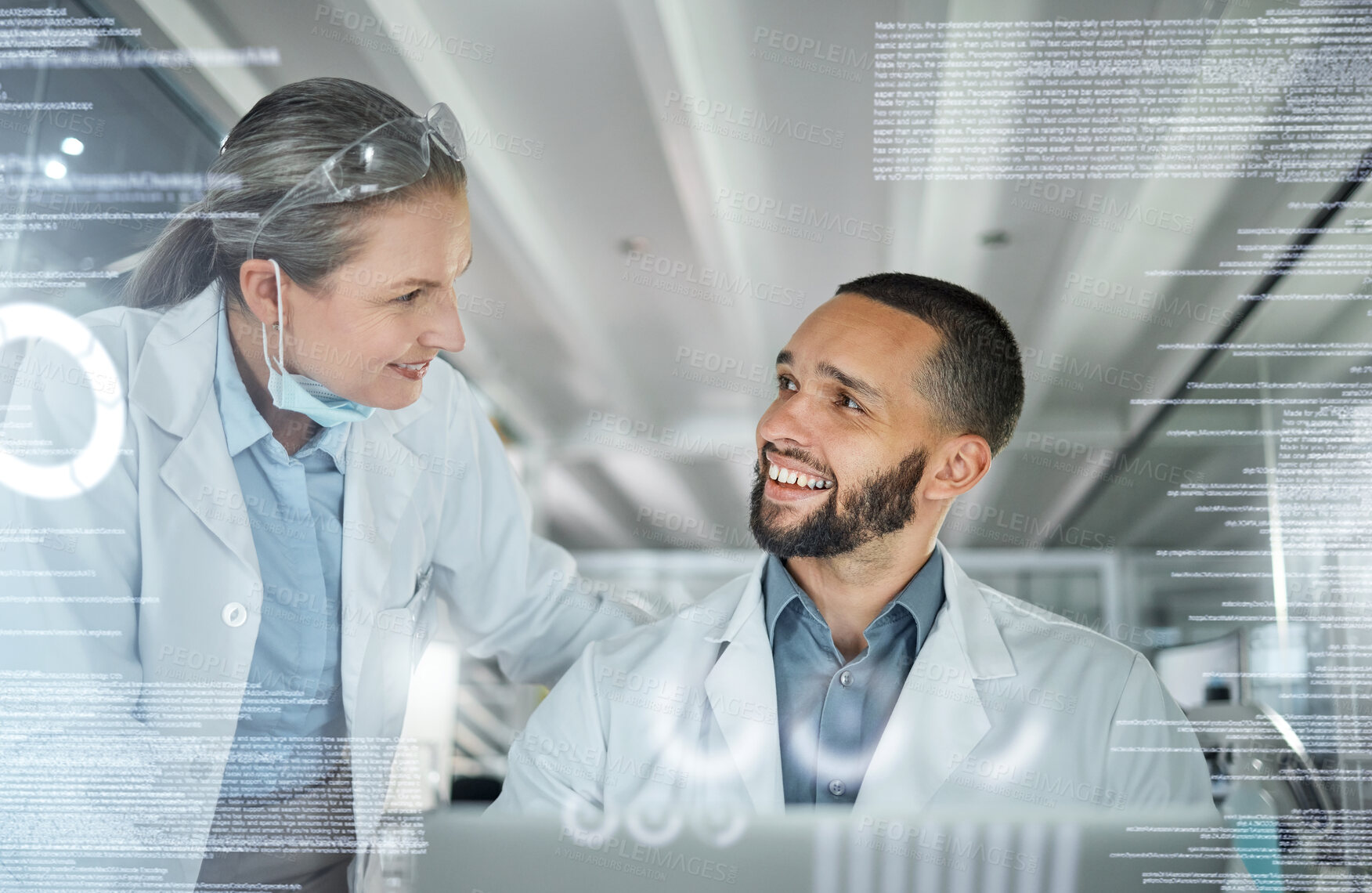 Buy stock photo Scientist team, medical science and ui research or information technology for medicine innovation and development in lab. Chemistry man and woman mentor happy during test and analysis collaboration