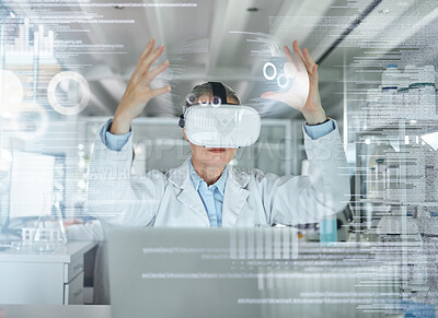Buy stock photo VR, science and ux with a woman engineer working on research and innovation in a 3d lab with overlay. Digital, metaverse and virtual reality with a scientist at work on analytics in a laboratory