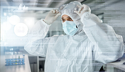 Buy stock photo Covid lab, medical science and scientist working on research for medicine innovation at work. Chemistry doctor with uniform for safety from virus and chemical during test and analysis at a hospital