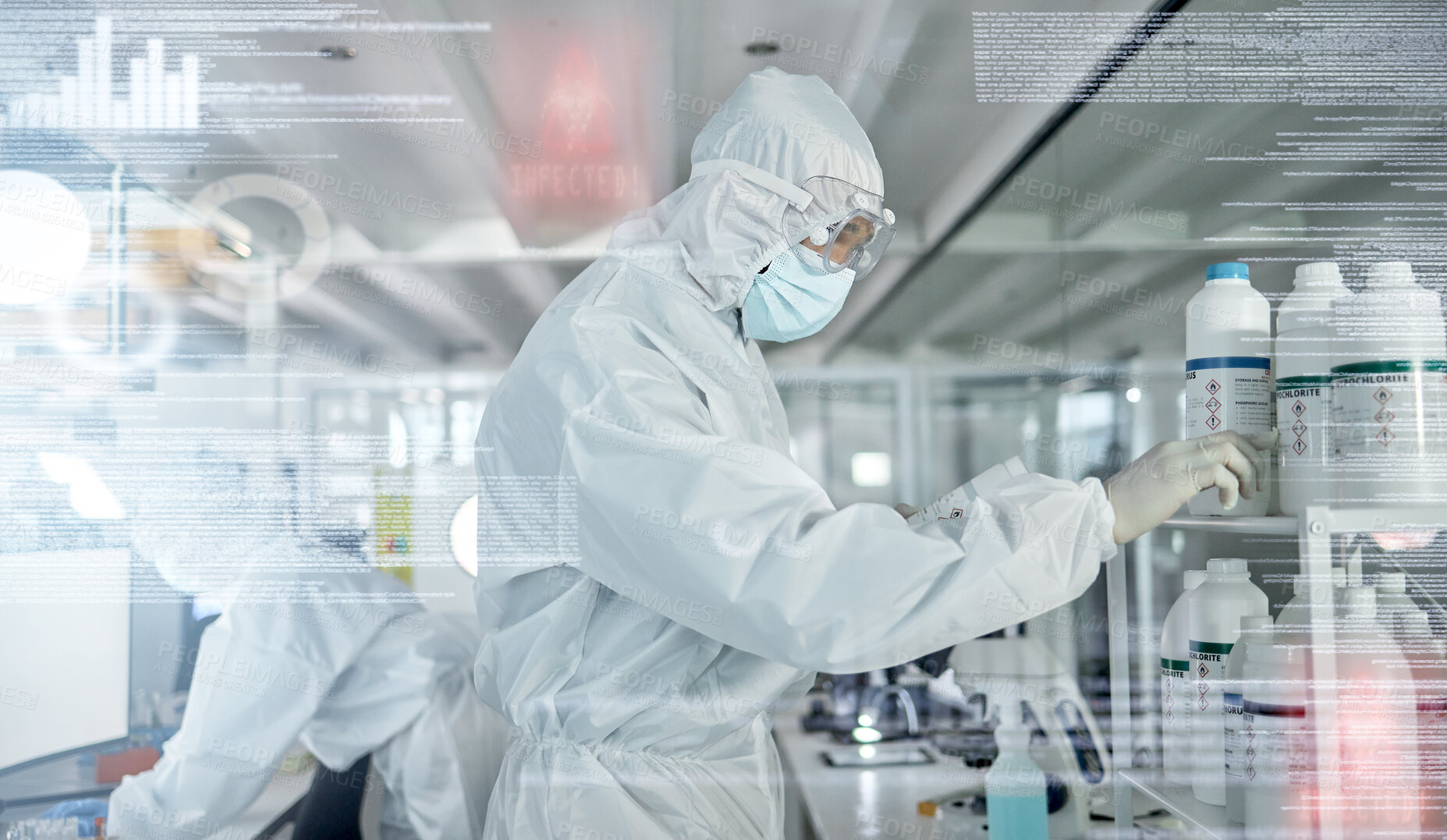 Buy stock photo Science, research and covid with an engineer working in a medical lab for innovation and development with overlay. Analytics, medicine and futuristic with a hazmat scientist at work in a laboratory