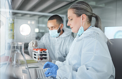Buy stock photo Scientist team, covid research and computer in a pathology lab while typing medical information, analysis and results. Chemist man and woman using technology and PPE for safety, health and wellness
