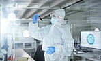 Covid, lab and research for medical vaccine with test tube and medicine chemistry screen overlay. Healthcare science expert with biohazard protection face mask and uniform for analysis of cure.