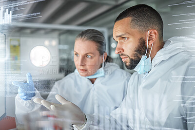 Buy stock photo Science, technology and research on futuristic screen used by scientists in a lab. Innovation, digital transformation and future tech in healthcare, biotechnology and analytics in medical science
