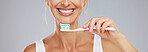 Dental, health and woman use toothbrush and toothpaste to clean teeth for healthy mouth, gums and happy. Confident, lady and girl relax shows oral hygiene with big smile, cleaning and brushing teeth.