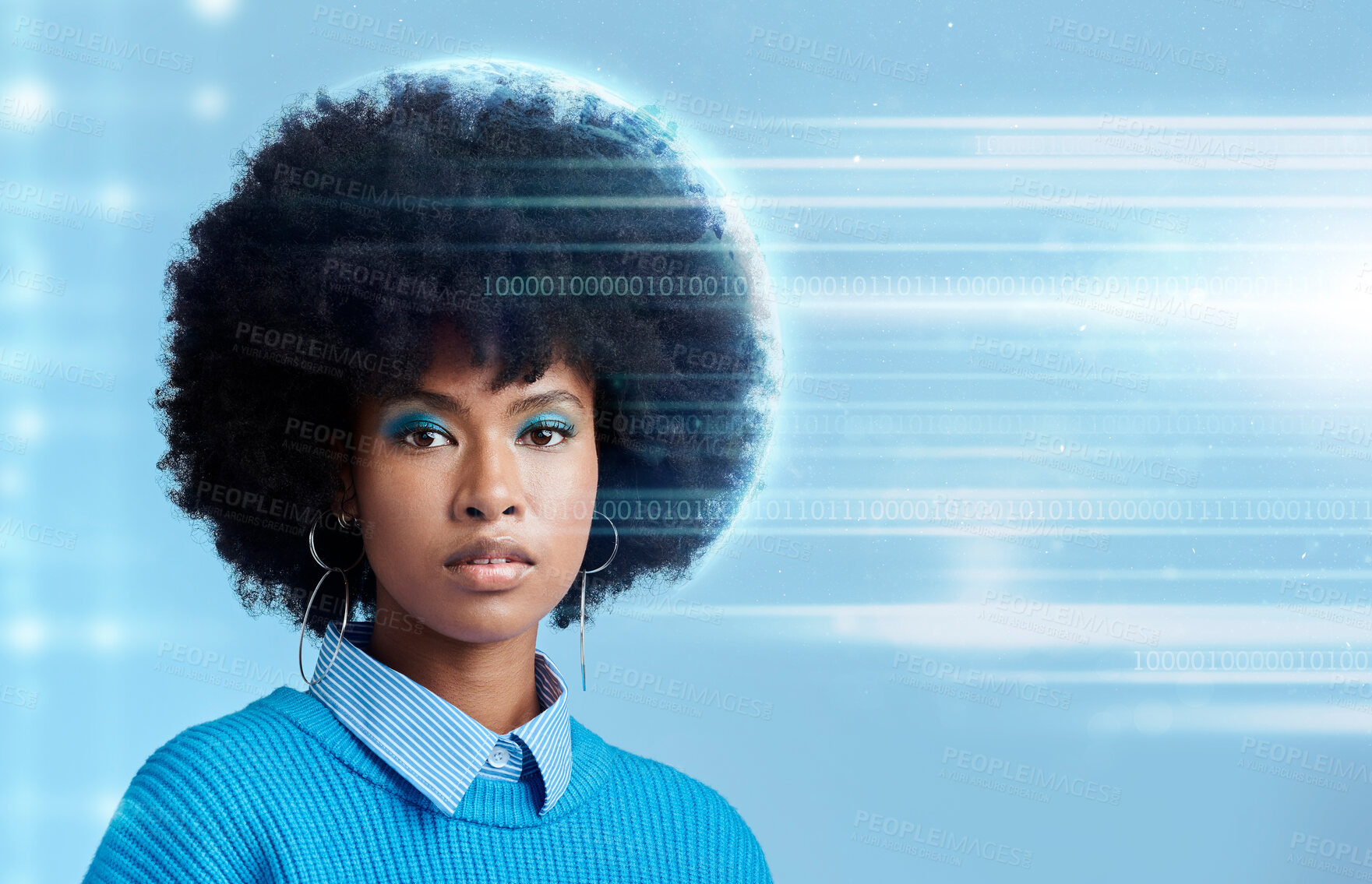 Buy stock photo Black woman, holographic and light for digital, tech or futuristic portrait with blue background. Model, makeup and mockup for web security in studio for 3d animation for cyber, internet or data firm