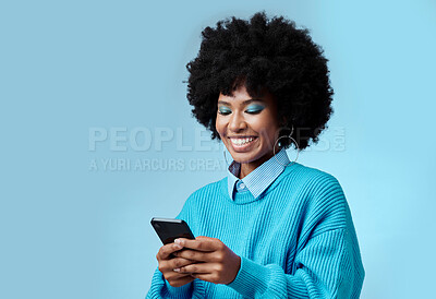 Buy stock photo Mockup, smile and black woman with phone typing a online communication message to a contact using social media app. Retro, vintage and happy girl with afro hair doing a internet, web or online search