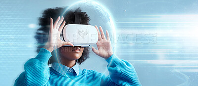 Buy stock photo Woman, VR and technology in future metaverse, game or internet connection in the cyberspace. Female with virtual reality headset in 3d, digital and futuristic AI tech for online innovation