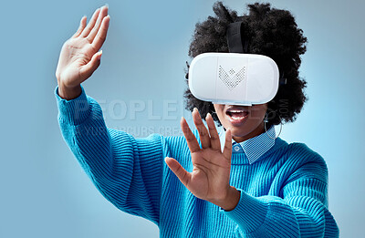 Buy stock photo 3d virtual reality, technology and futuristic connection to internet. Black woman with vr headset, digital gadget and user experience of metaverse. Innovation, future and online game networking tech