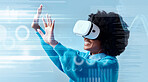 Woman using virtual reality, technology and futuristic connection to internet. Girl with vr headset, digital gadget and user experience of metaverse. Innovation, future and online networking tech