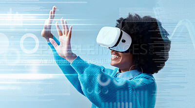 Buy stock photo Black woman using virtual reality, technology and futuristic 3d tech for internet. Girl with vr headset, digital gadget and user experience of metaverse. Innovation, future and networking online