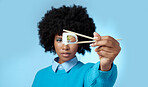 Food, studio and black woman with sushi in a portrait eating a Japanese diet with mockup space alone. Healthy, mock up and hungry African girl with an afro holding seafood with asian chopsticks 